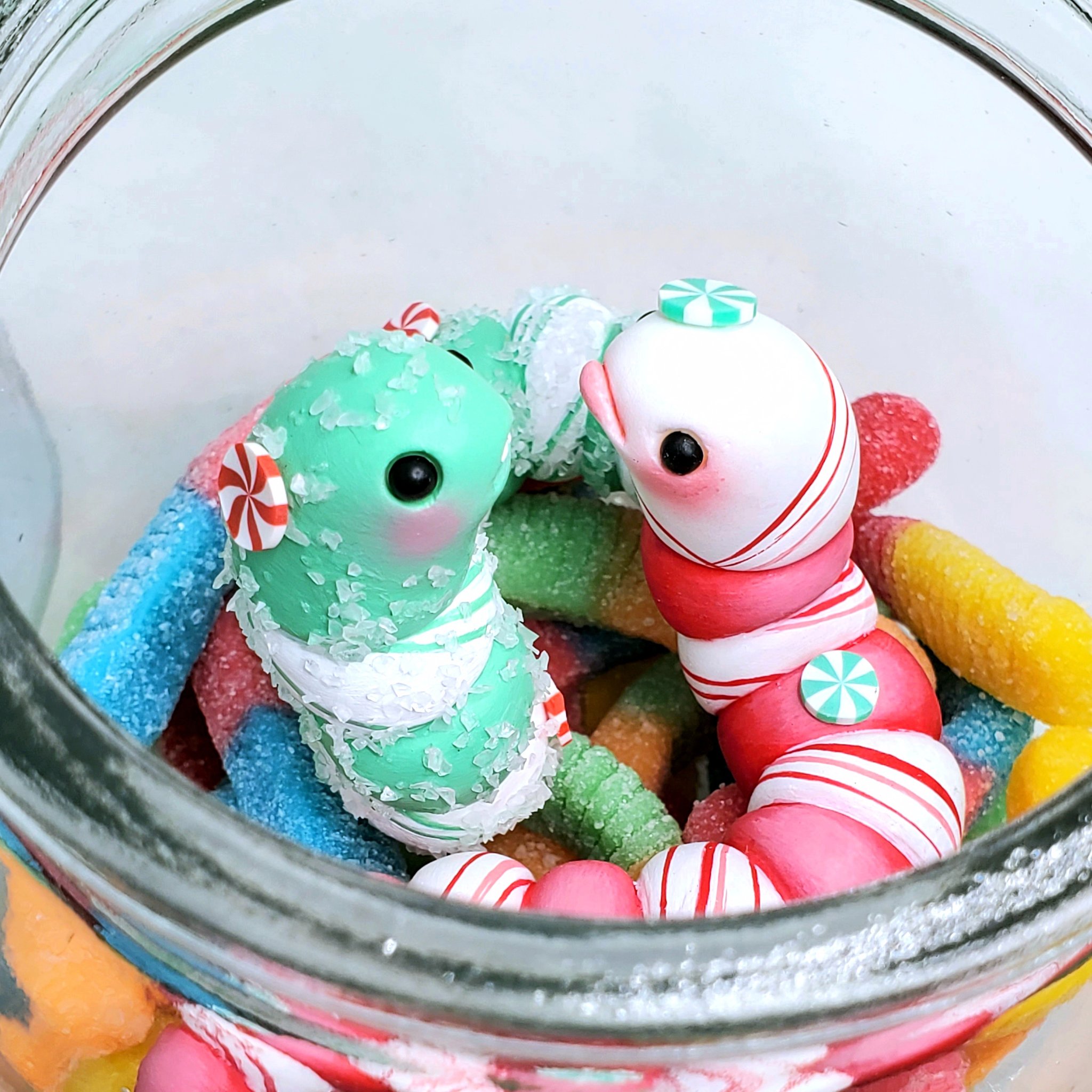 SeriouslySillyK Minty Fresh Edition Holiday Gummy Worms Pair In Candy Jar Promo Photo